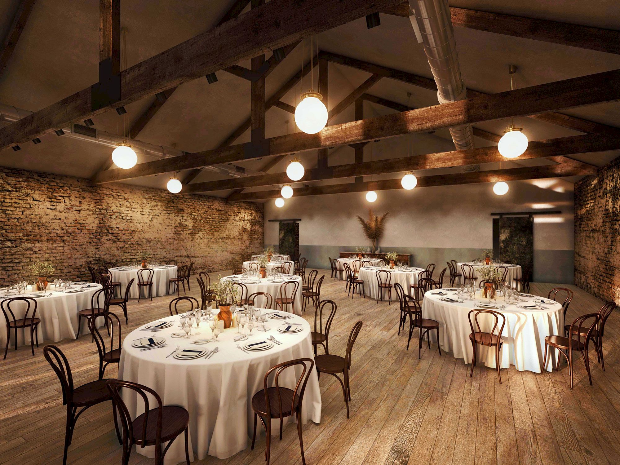A rustic, elegant dining hall with round tables, white tablecloths, warm lighting, wooden beams, and brick walls, ready for a formal meal.