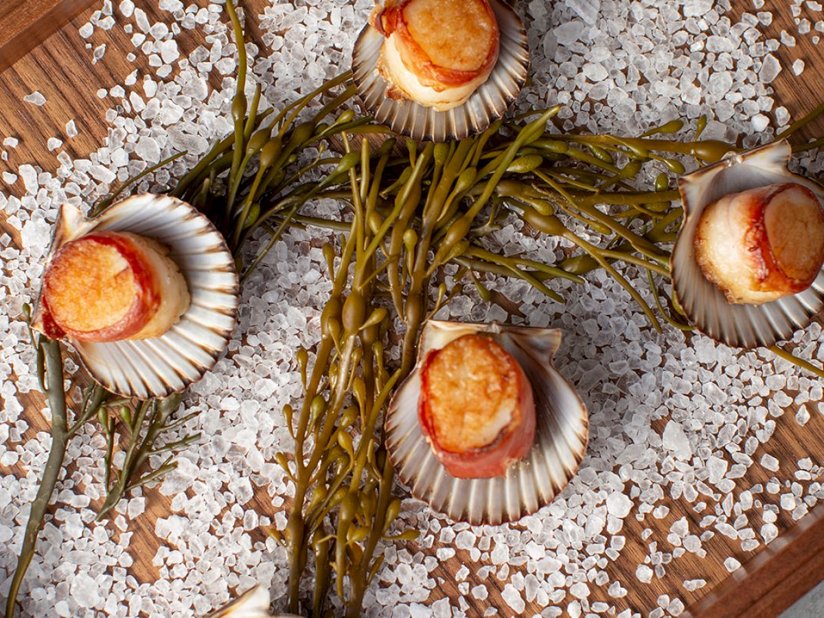 Five roasted scallops in shells arranged on a wooden tray with coarse salt and sprigs of rosemary.