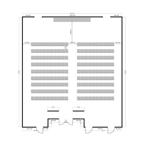 A theater or classroom seating plan with two sections of rows, a central aisle, and a stage at the top, with entry doors at the bottom, all in grayscale.