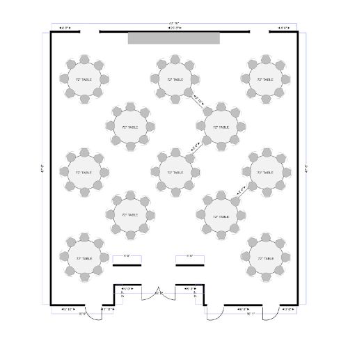 A floor plan with multiple round tables spaced across a rectangular room, plus entry doors at the bottom center and small walls or counters along the sides, all in grayscale.